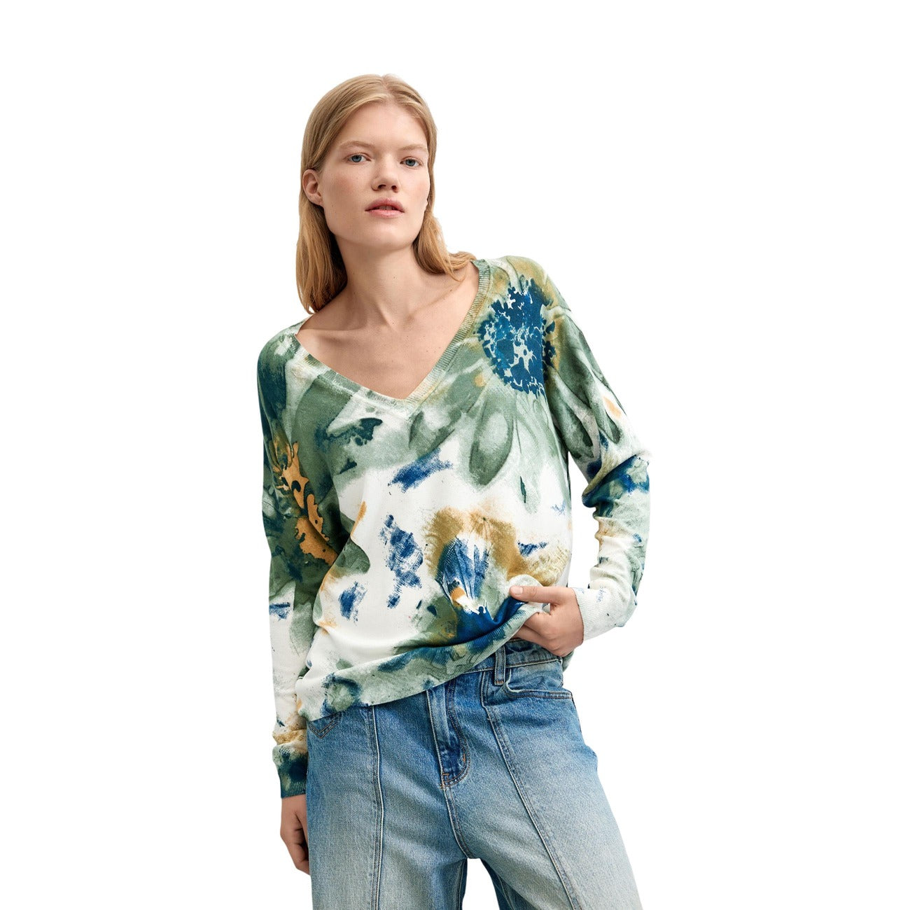 Pull femme Desigual floral en viscose – Blanc
