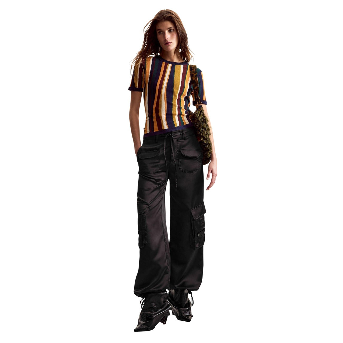 Women's Desigual striped viscose T-shirt – Mustard