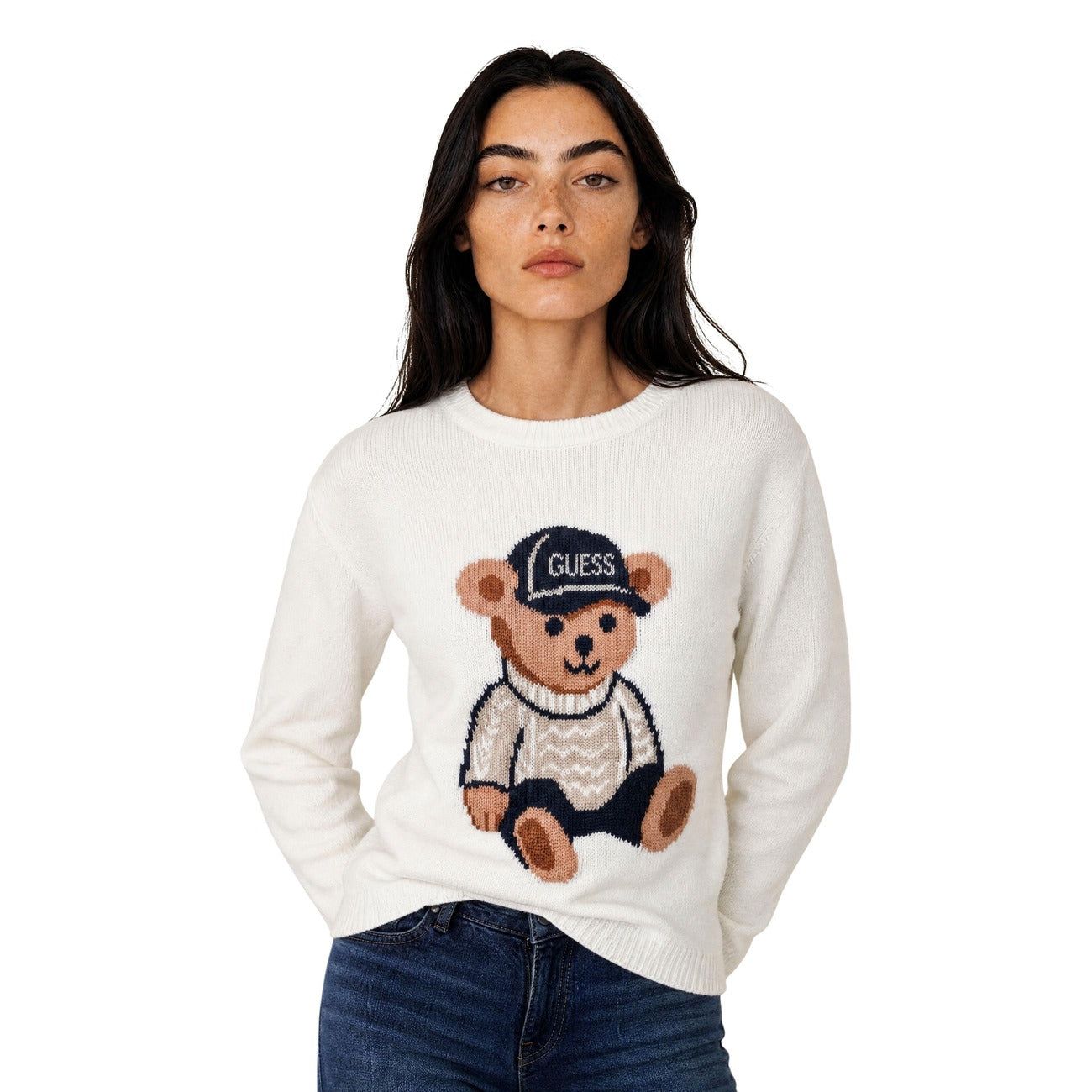 Guess Women's LS CN ALICIA BEAR SW Jumper – White