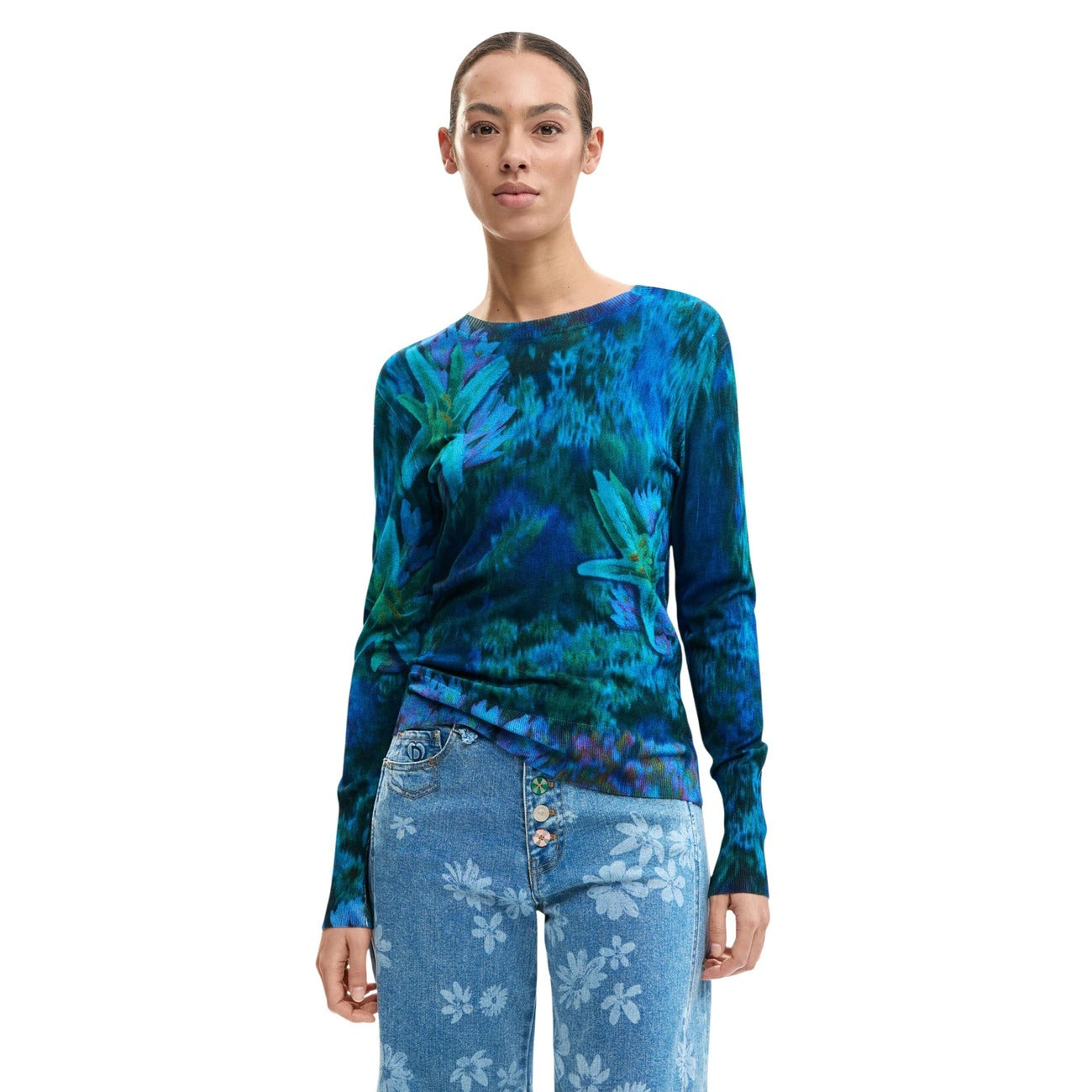 Pull femme Desigual floral en viscose – Bleu