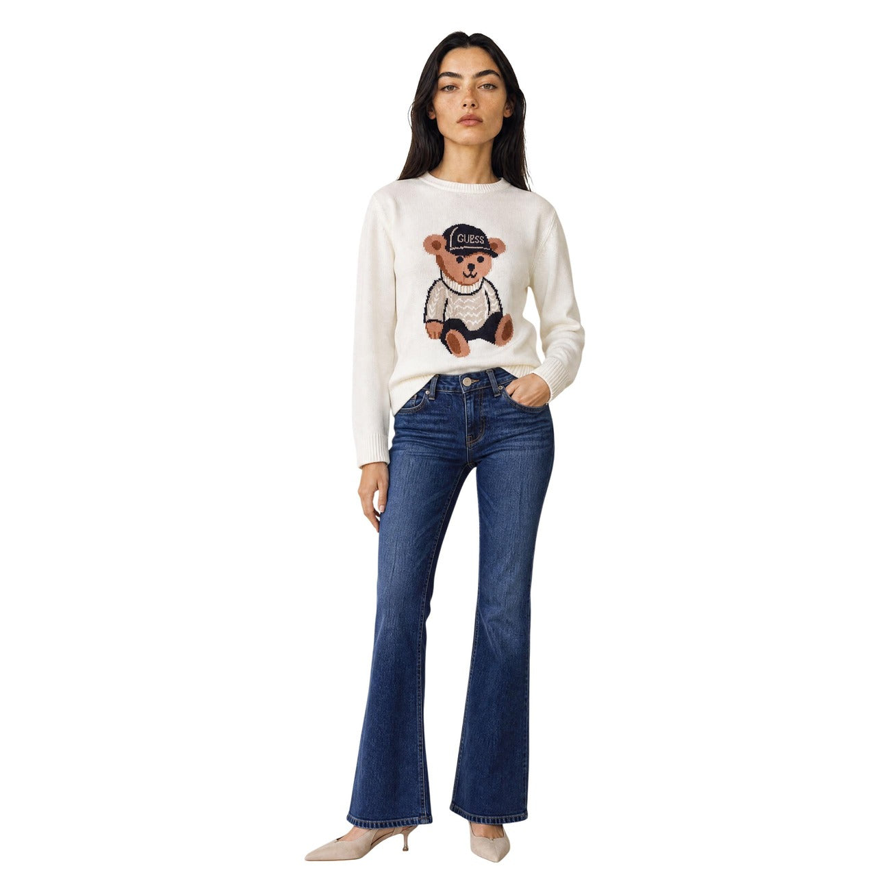 Guess Women's LS CN ALICIA BEAR SW Jumper – White